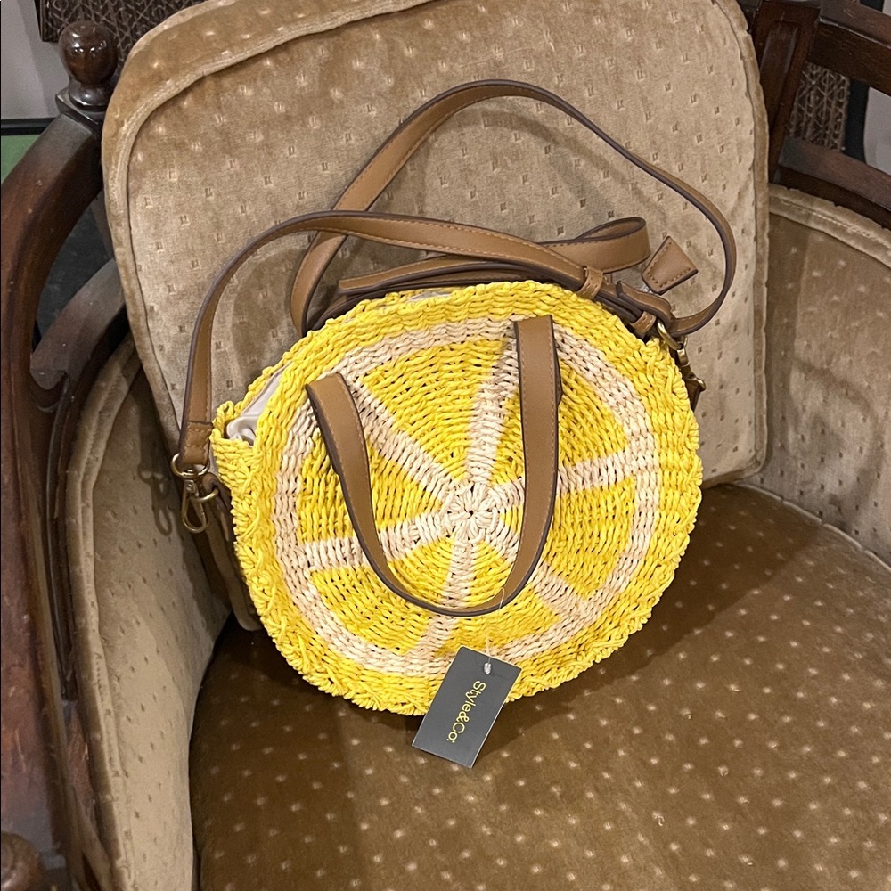 Macy’s style and co Yellow and Tan straw Crossbody Bag
